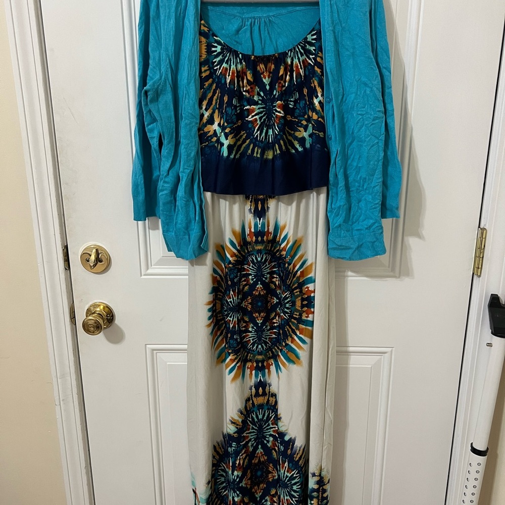 Blue and White Maxi Dress with Cardigan